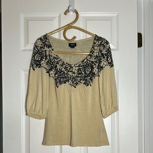 Anthropologie Deletta Tan and Blue Embellished Puff Sleeve Blouse XS